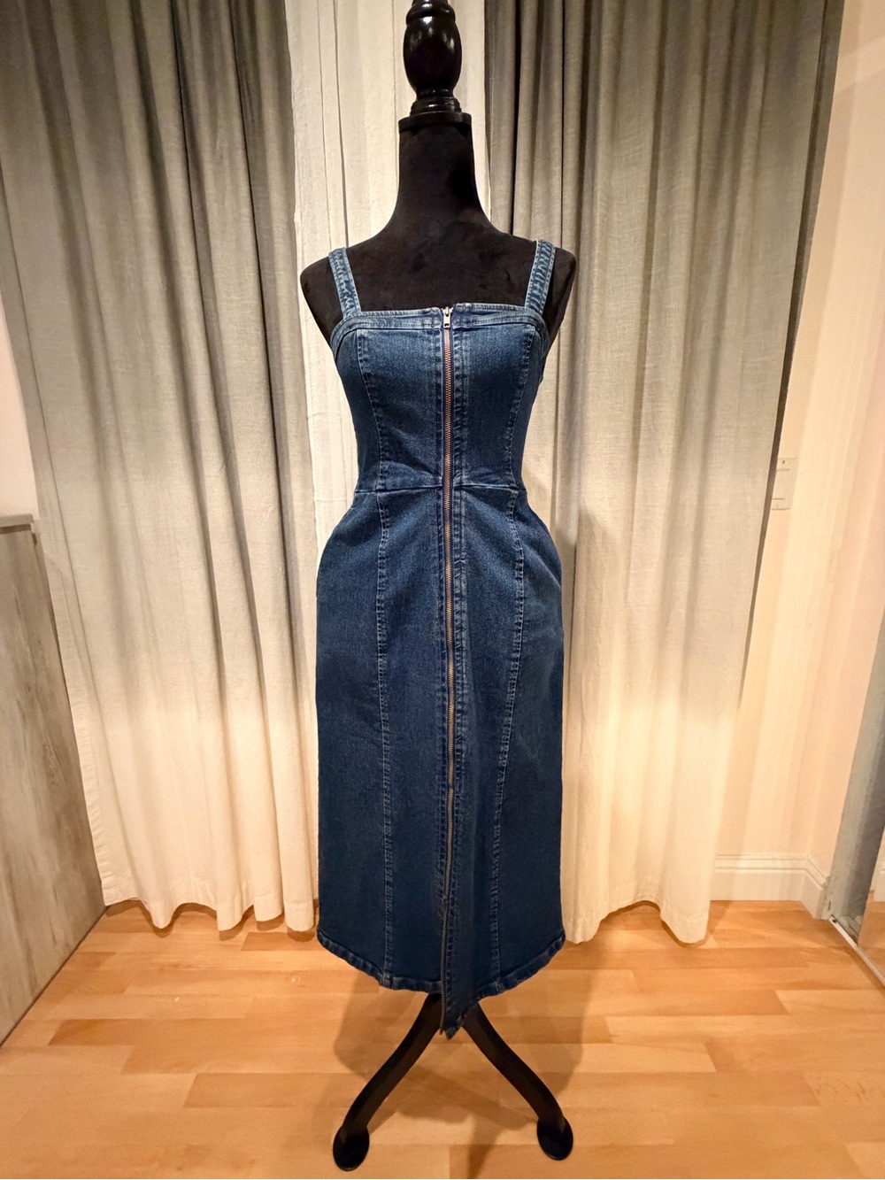 Gu Denim Blue Zip-Front Midi Dress with Adjustable Straps Size M